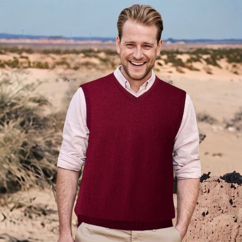 Davis & Squire Sweater Mens Large Merino‎ Wool Knit Burgundy V-Neck Golf Vest